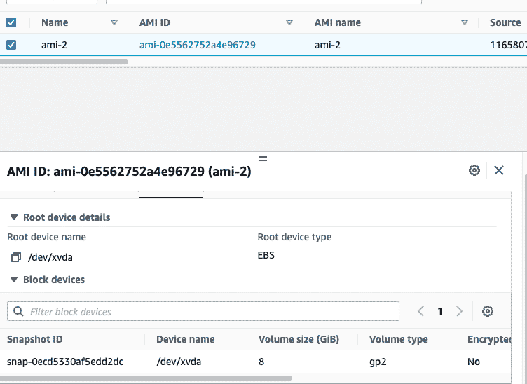 AWS AMI Storage screen