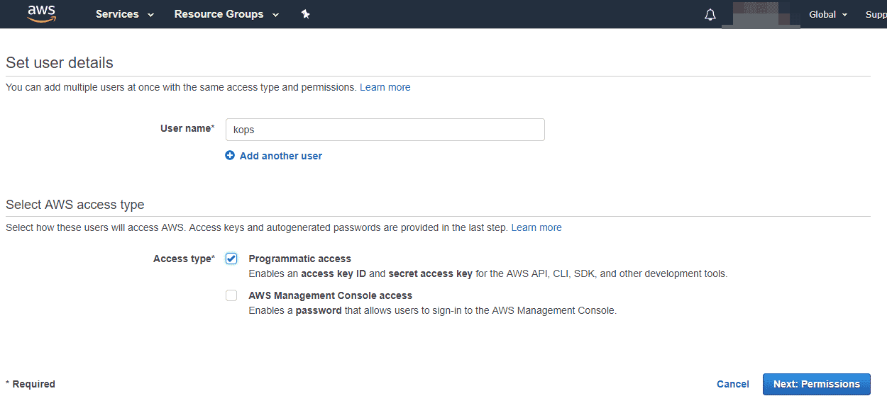 Creating a new IAM user using the AWS console