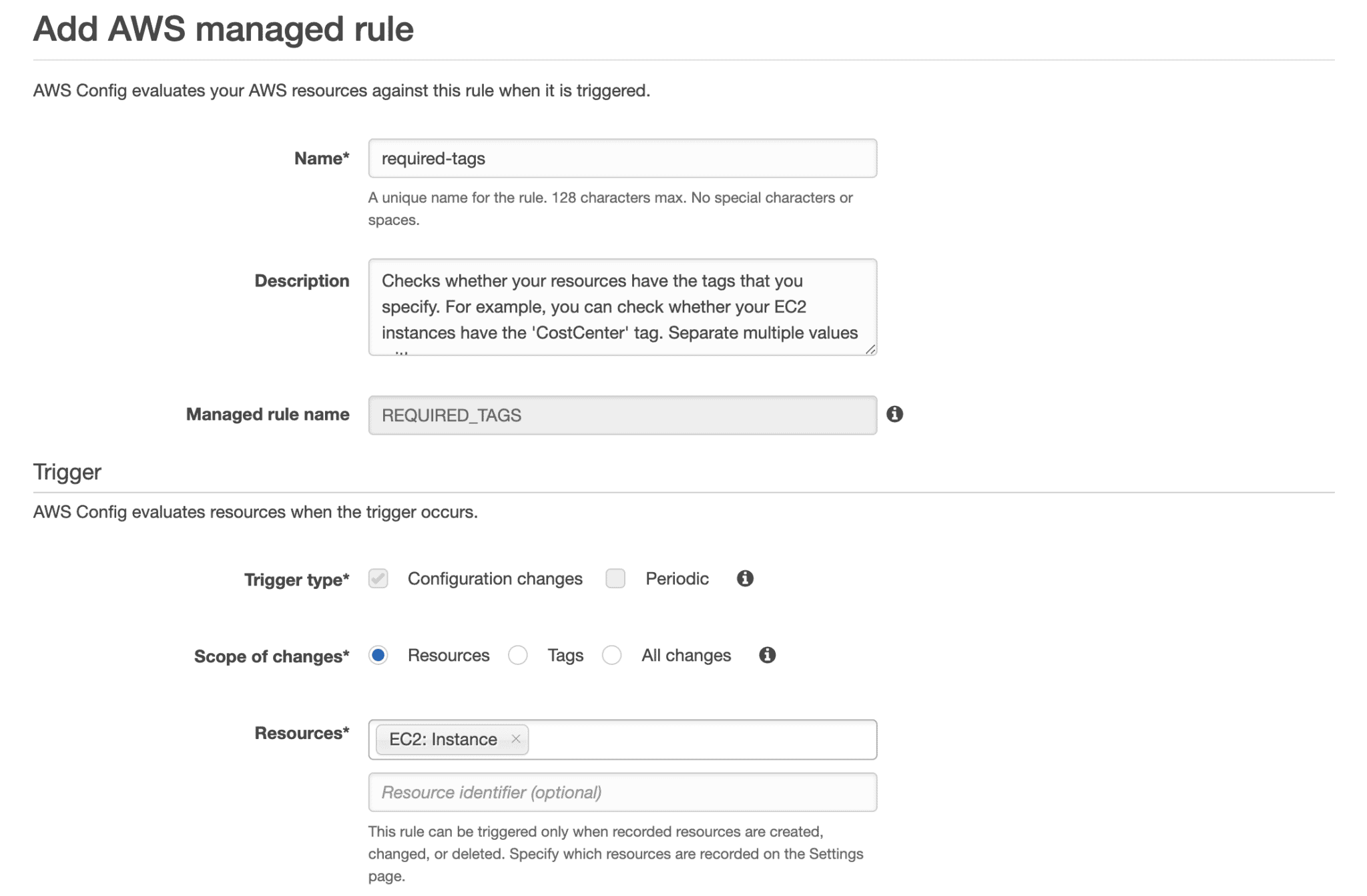 Creating an AWS Config Rule for required tags, step 2