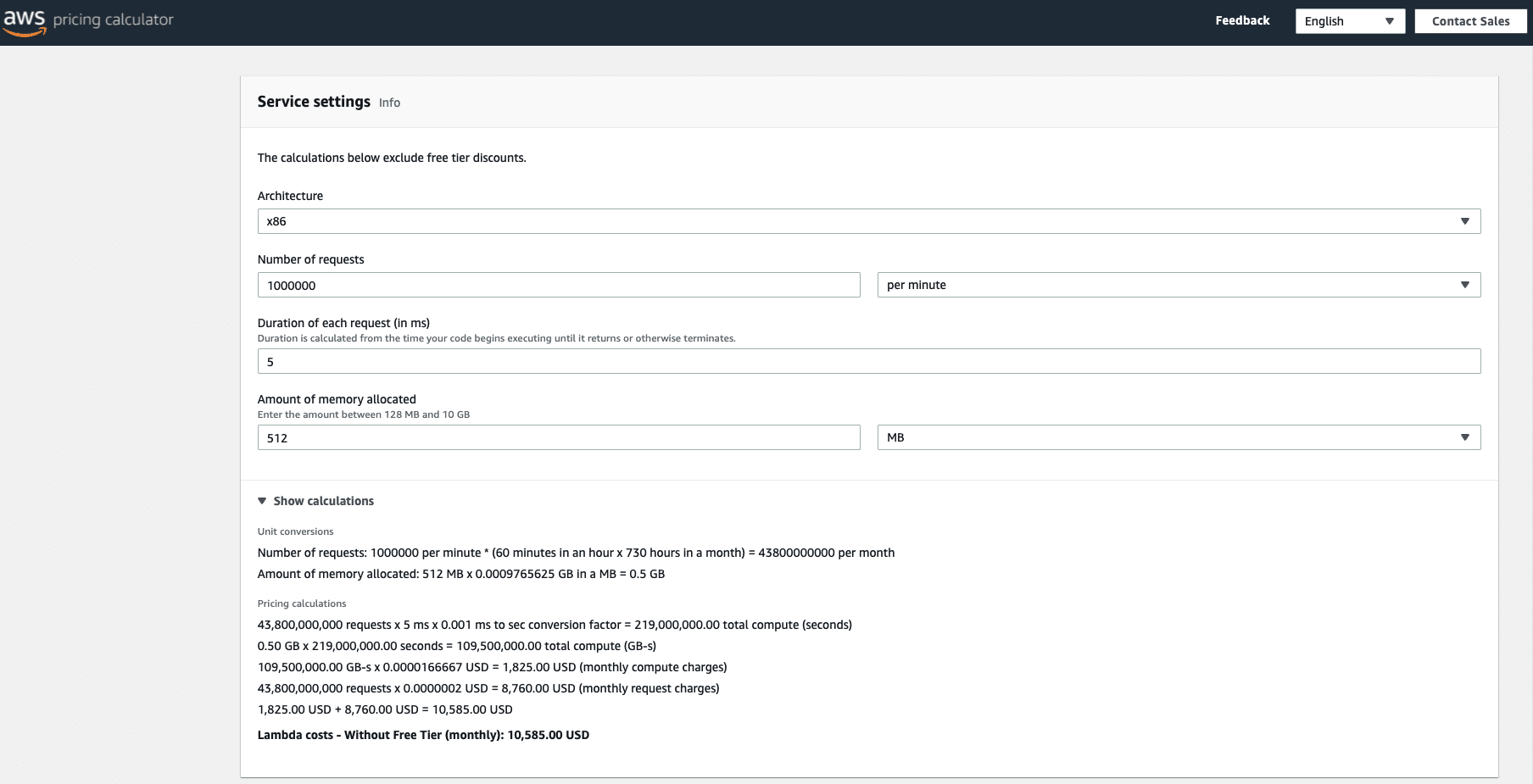 AWS pricing calculator - service settings