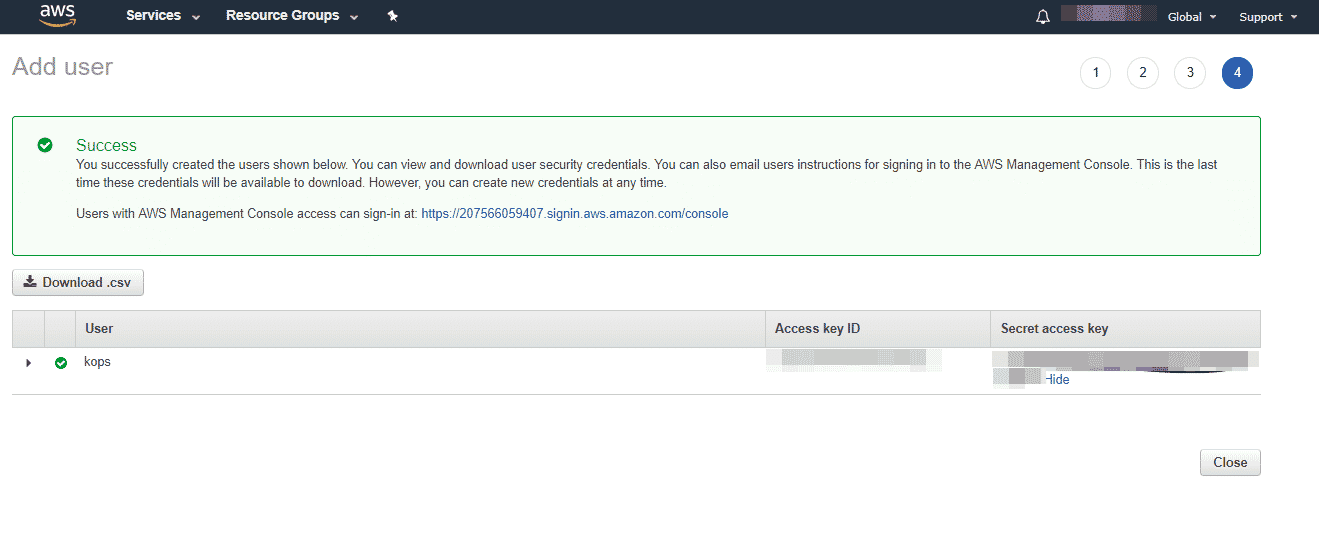 Successful IAM user creation confirmation