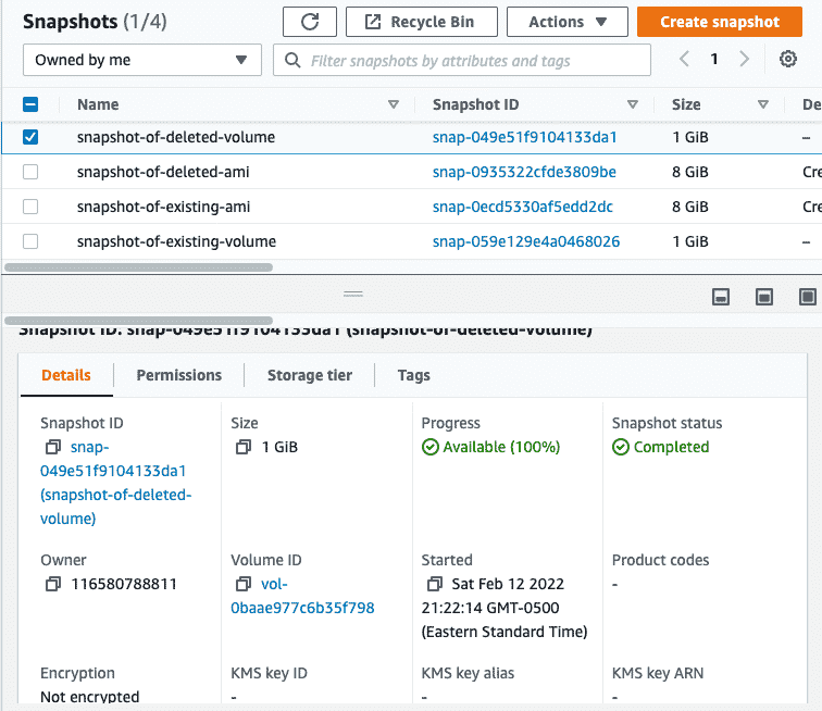 AWS EBS Snapshot list