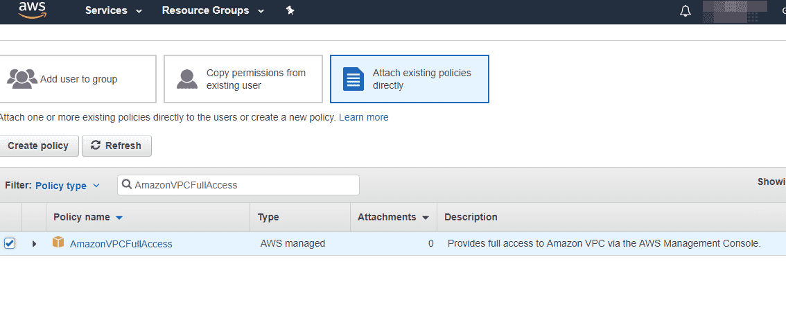 Adding IAM user permissions on AWS console