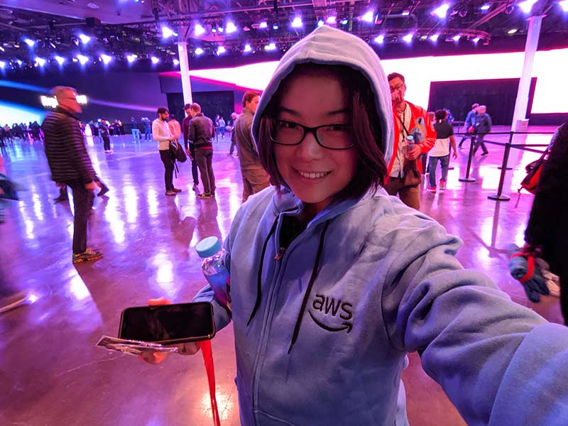 Selfie at check-in with my AWS re:Invent 2019 hoodie