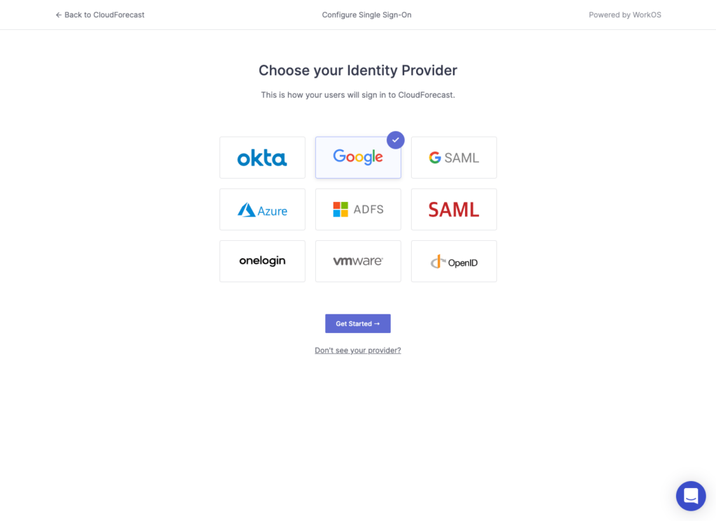 Choose your identity provider and press get started button