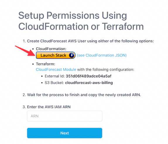 Setup permissions using cloudformation - click launch stack