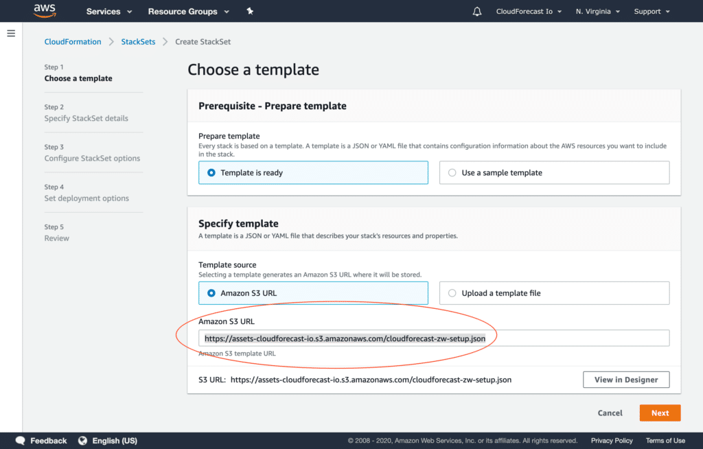 Choose a Template - Paste in the following under Amazon S3