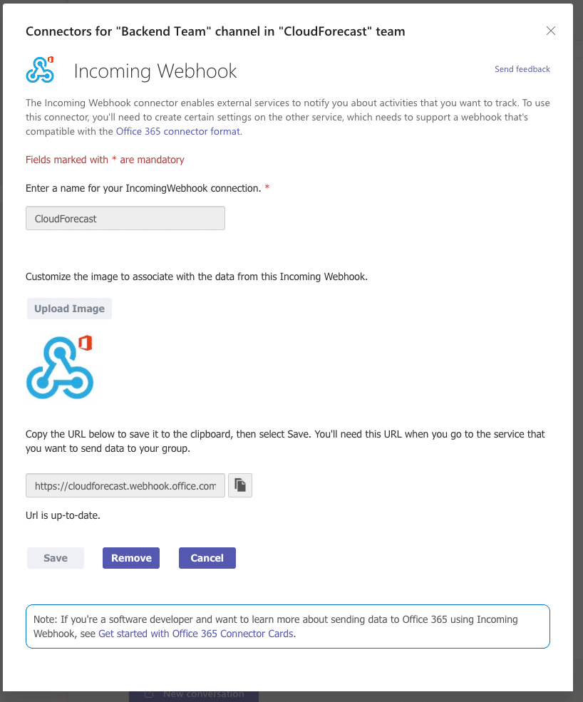 Connectors for backend team channel in CloudForecast team