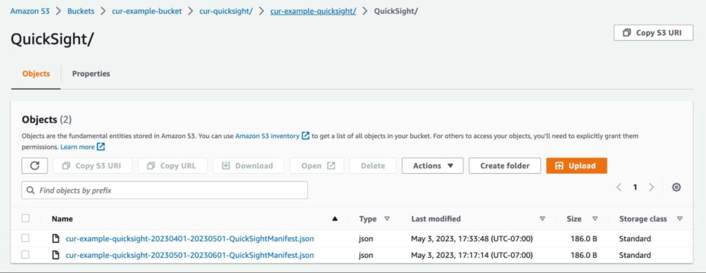 QuickSight produces a single Manifest file under the QuickSight path