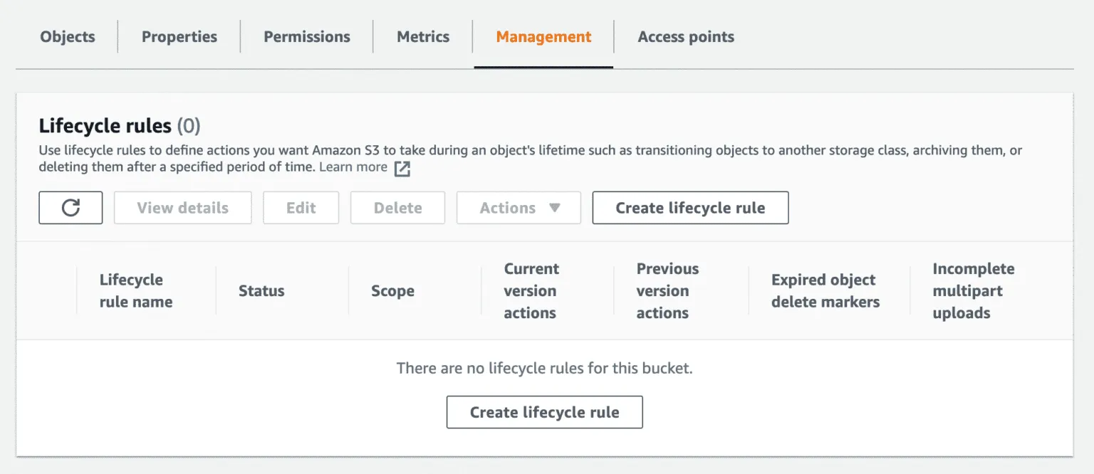 S3 lifecycle rules screen