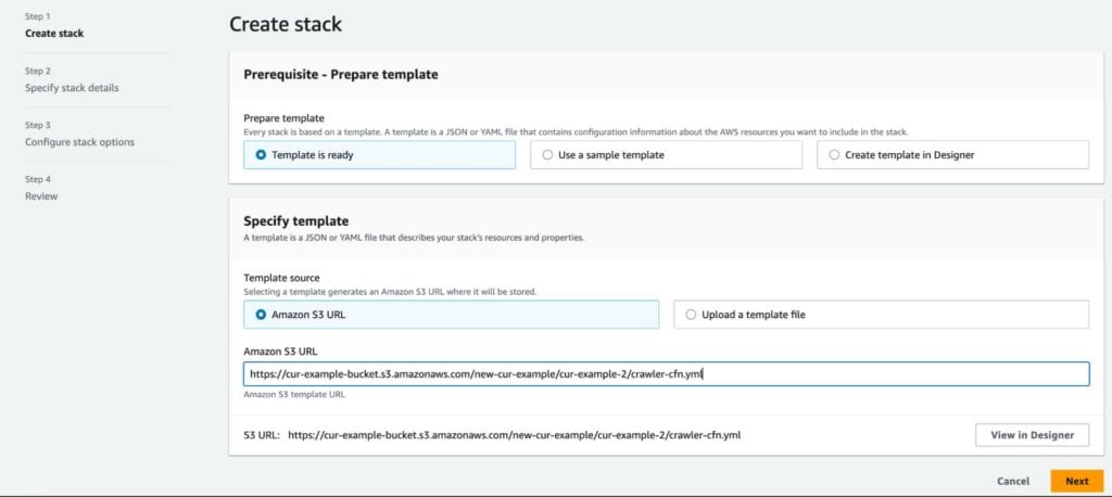 head over to the CloudFormation console, and create a stack