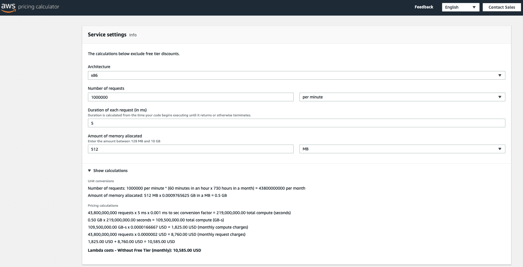 AWS pricing calculator - service settings