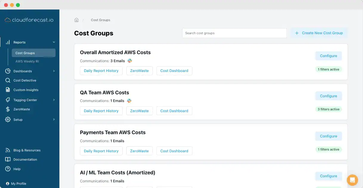 CloudForecast dashboard showing AWS cost groups and analytics for BigBasket.