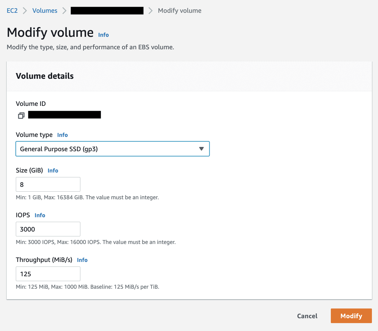A screenshot of the **Modify volume** menu on the EC2 console that shows how to migrate a <code>gp2</code> volume to <code>gp3</code>.