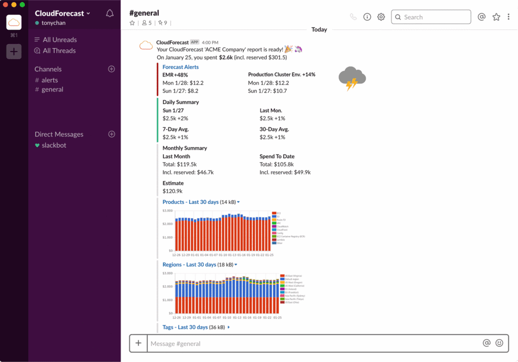 CloudForecast’s daily AWS cost reports to a Slack channel of your choice