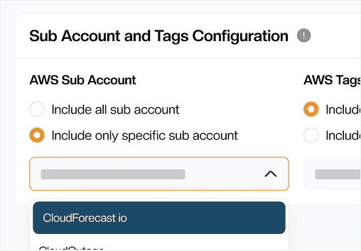 CloudForecast AWS cost report dashboard with sub account settings.